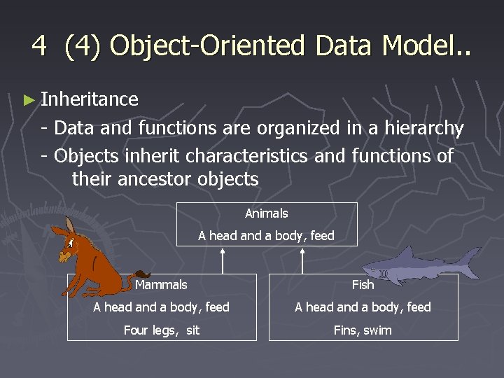 4 (4) Object-Oriented Data Model. . ► Inheritance - Data and functions are organized