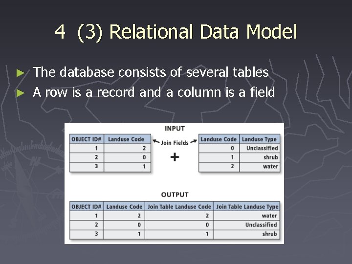 4 (3) Relational Data Model The database consists of several tables ► A row