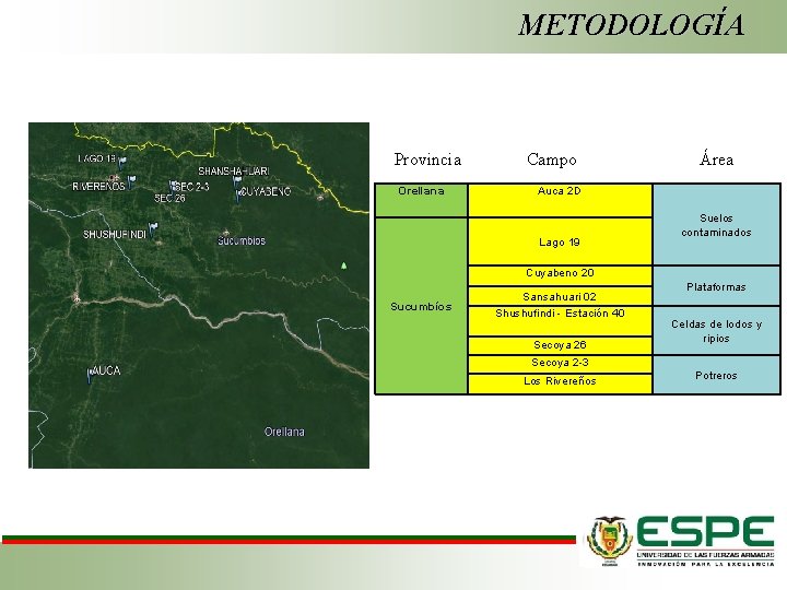 METODOLOGÍA Provincia Orellana Campo Área Auca 2 D Lago 19 Suelos contaminados Cuyabeno 20