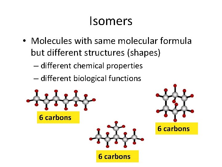 Isomers • Molecules with same molecular formula but different structures (shapes) – different chemical