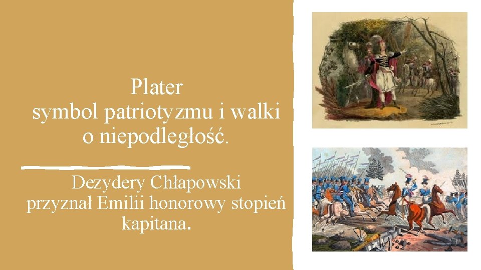 Plater symbol patriotyzmu i walki o niepodległość. Dezydery Chłapowski przyznał Emilii honorowy stopień kapitana.