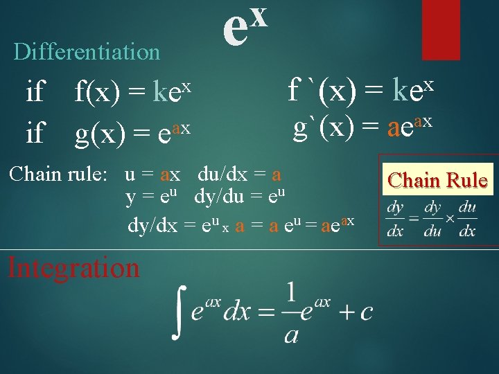 Differentiation if if kex f(x) = g(x) = eax x e f `(x) =