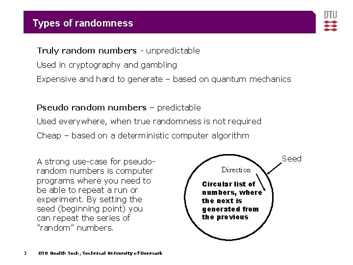Types of randomness Truly random numbers - unpredictable Used in cryptography and gambling Expensive Types of randomness Truly random numbers - unpredictable Used in cryptography and gambling Expensive