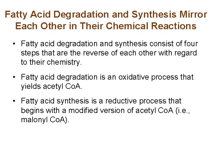 Fatty Acid Degradation and Synthesis Mirror Each Other in Their Chemical Reactions • Fatty