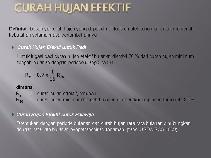 CURAH HUJAN EFEKTIF Definisi : besarnya curah hujan yang dapat dimanfaatkan oleh tanaman untuk