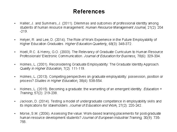 References • Hallier, J. and Summers, J. (2011). Dilemmas and outcomes of professional identity