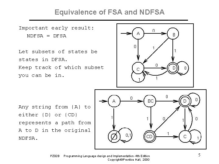 Equivalence of FSA and NDFSA Important early result: NDFSA = DFSA Let subsets of