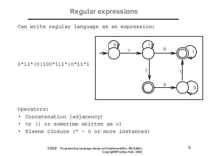 Regular expressions Can write regular language as an expression: 0*11*(0|100*1)1*|0*11*1 Operators: • Concatenation (adjacency)