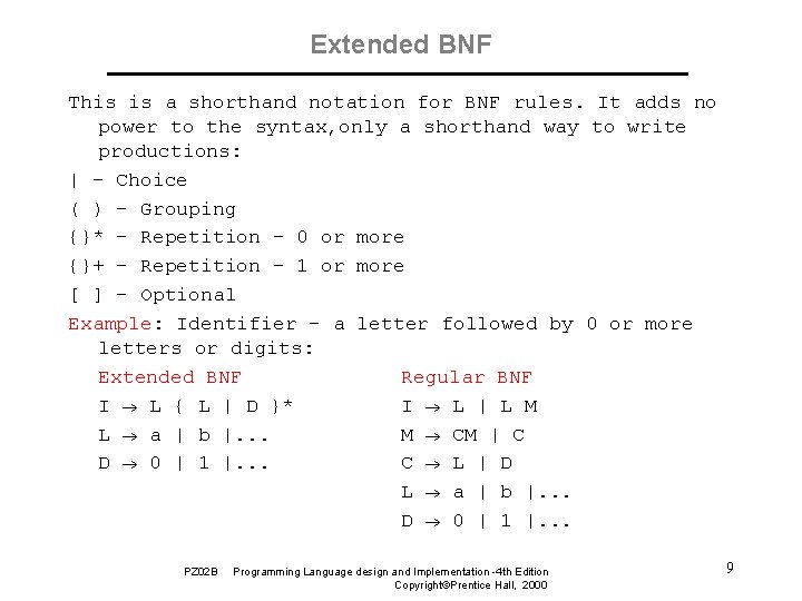 Extended BNF This is a shorthand notation for BNF rules. It adds no power