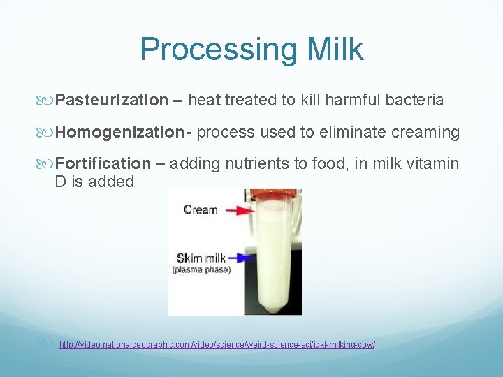 Processing Milk Pasteurization – heat treated to kill harmful bacteria Homogenization- process used to