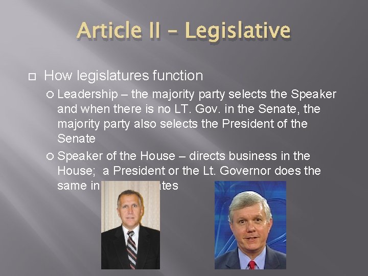 Article II – Legislative How legislatures function Leadership – the majority party selects the