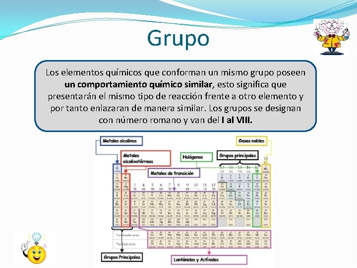 Grupo Los elementos químicos que conforman un mismo grupo poseen un comportamiento químico similar,