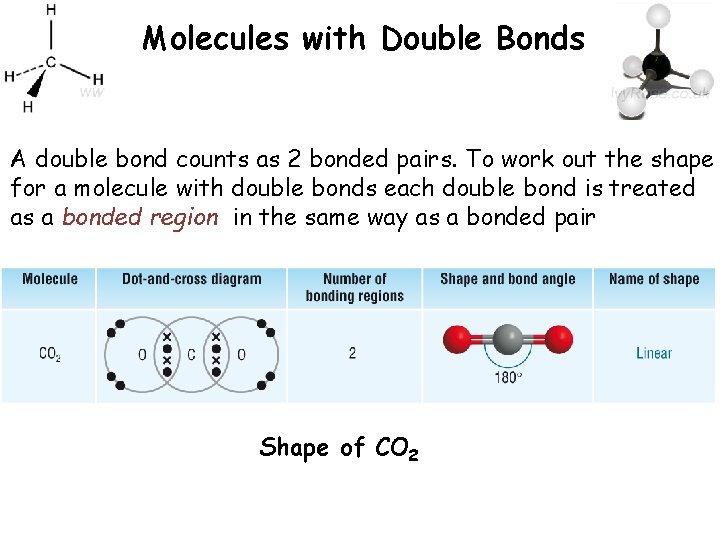 Molecules with Double Bonds A double bond counts as 2 bonded pairs. To work