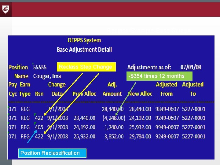 Reclass Example-Base Screen Reclass Step Change -$354 times 12 months Position Reclassification 