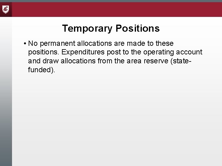 Temporary Positions • No permanent allocations are made to these positions. Expenditures post to