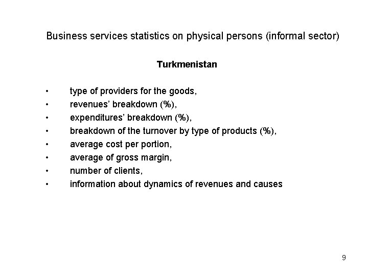 Business services statistics on physical persons (informal sector) Turkmenistan • • type of providers