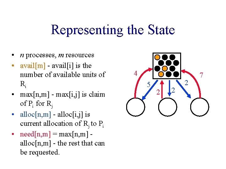 Representing the State • n processes, m resources • avail[m] - avail[i] is the