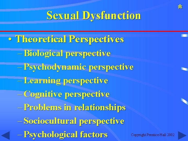 Sexual Dysfunction • Theoretical Perspectives – Biological perspective – Psychodynamic perspective – Learning perspective
