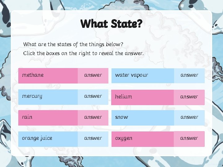 What State? What are the states of the things below? Click the boxes on