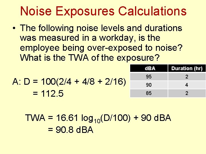Noise Exposures Calculations • The following noise levels and durations was measured in a