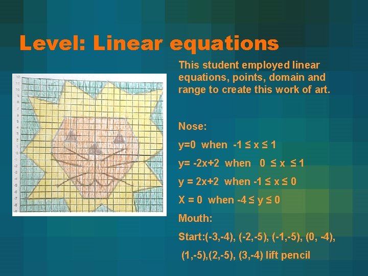 Level: Linear equations This student employed linear equations, points, domain and range to create
