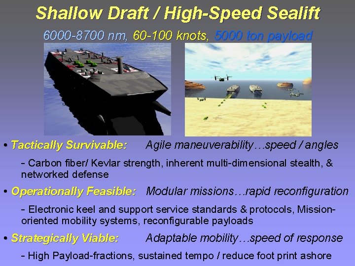Shallow Draft / High-Speed Sealift 6000 -8700 nm, 60 -100 knots, 5000 ton payload