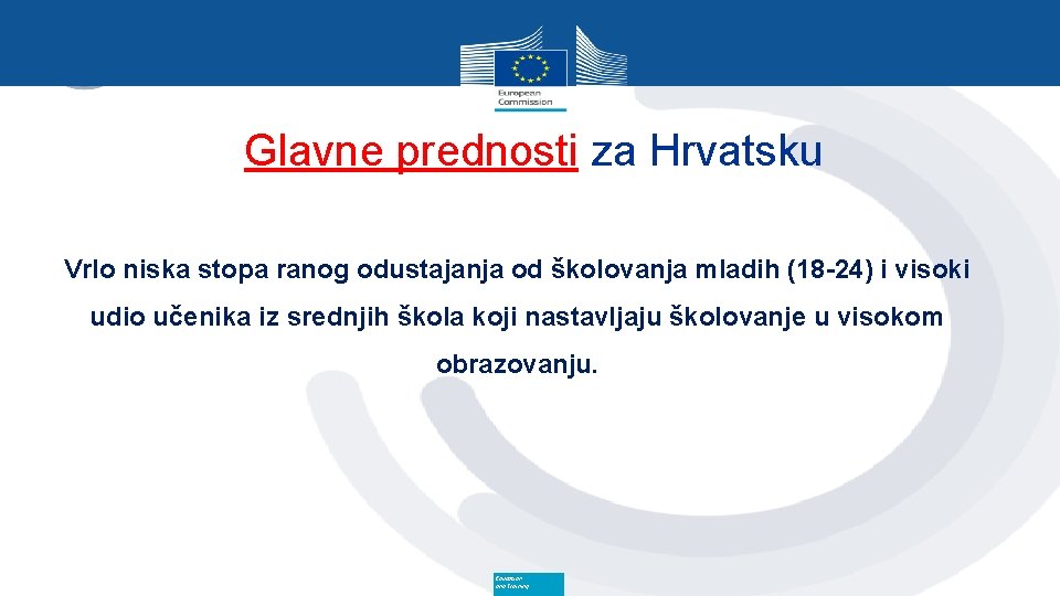 Glavne prednosti za Hrvatsku Vrlo niska stopa ranog odustajanja od školovanja mladih (18 -24)