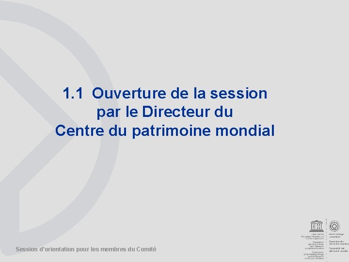 1. 1 Ouverture de la session par le Directeur du Centre du patrimoine mondial