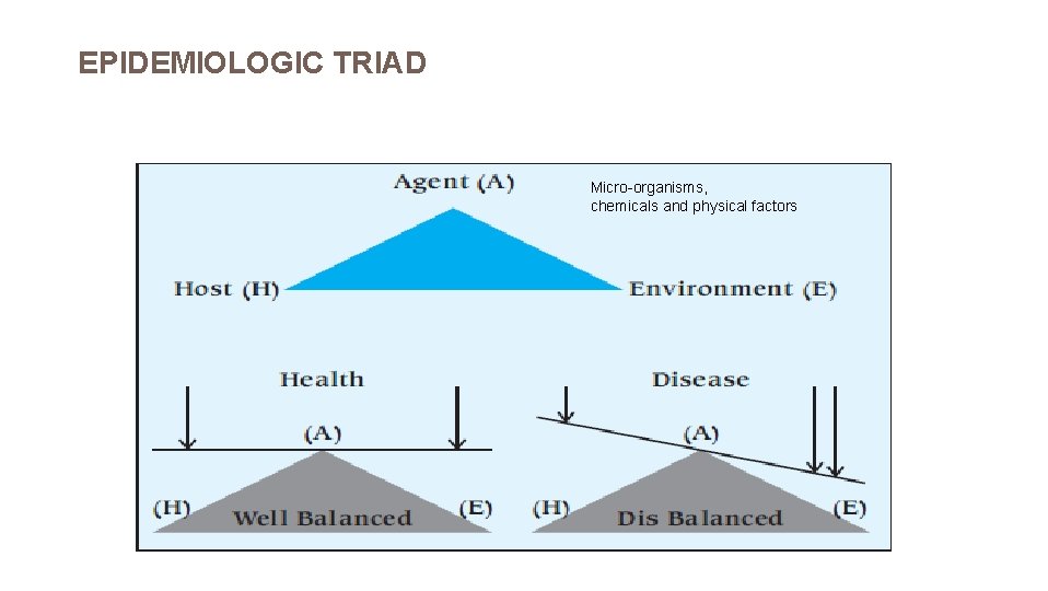 EPIDEMIOLOGIC TRIAD Micro-organisms, chemicals and physical factors 