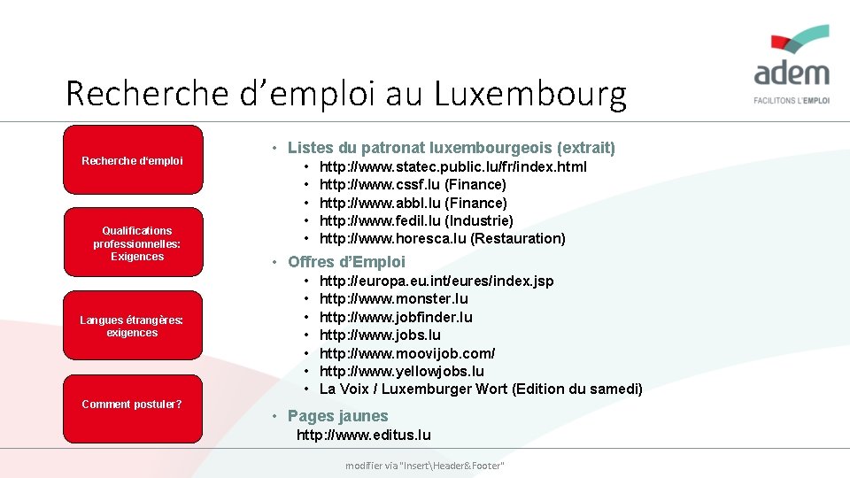 Recherche d’emploi au Luxembourg Recherche d‘emploi Qualifications professionnelles: Exigences Langues étrangères: exigences Comment postuler?