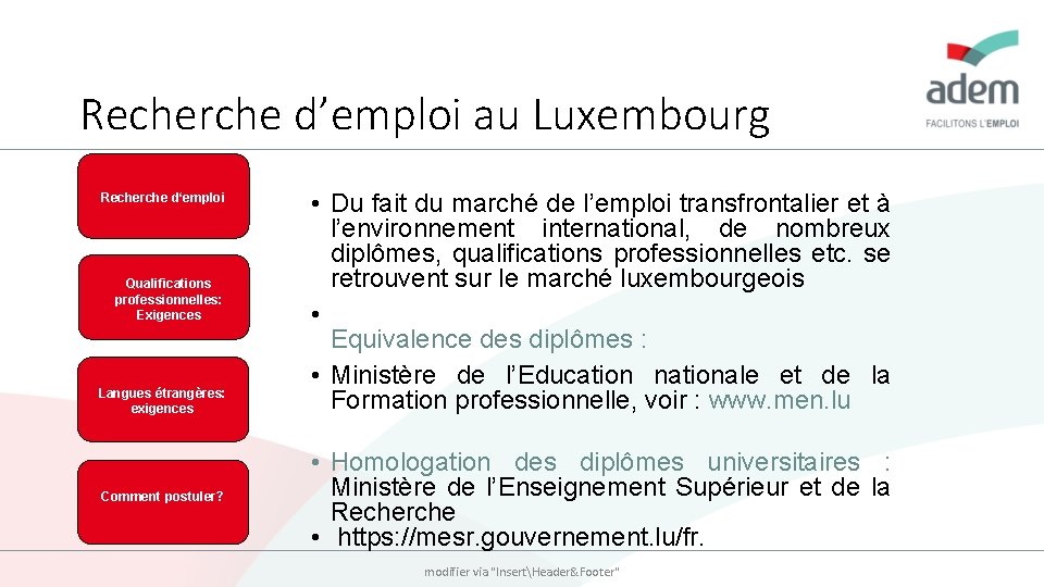 Recherche d’emploi au Luxembourg Recherche d‘emploi Qualifications professionnelles: Exigences Langues étrangères: exigences Comment postuler?