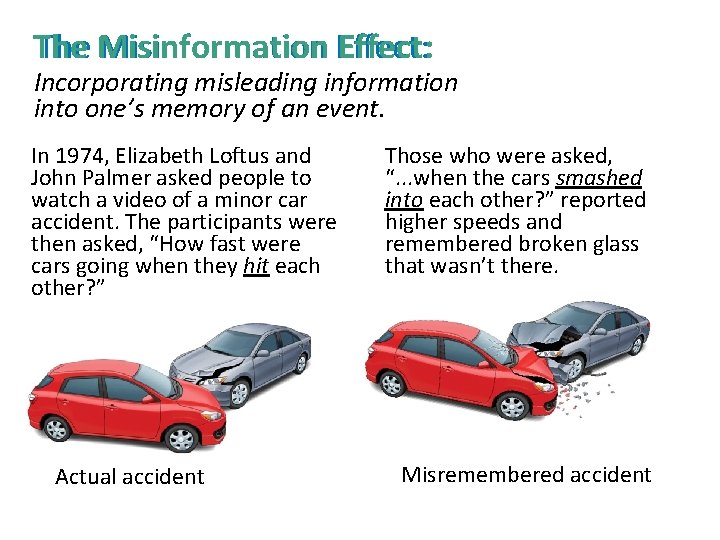 The Misinformation Effect: Incorporating misleading information into one’s memory of an event. In 1974,
