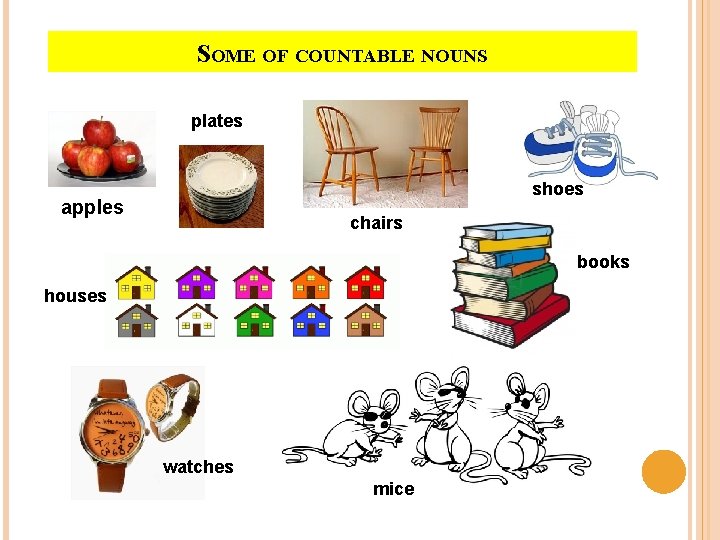 SOME OF COUNTABLE NOUNS plates shoes apples chairs books houses watches mice 