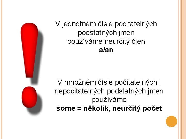 V jednotném čísle počitatelných podstatných jmen používáme neurčitý člen a/an V množném čísle počitatelných