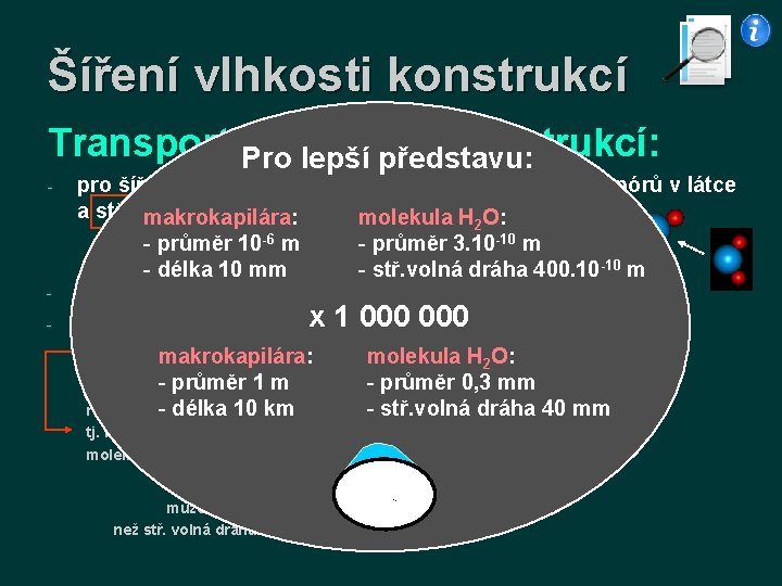 Šíření vlhkosti konstrukcí Transport vodní konstrukcí: Pro lepšípáry představu: - pro šíření v. p.