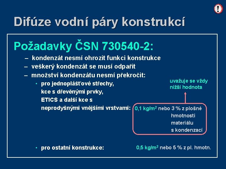 Difúze vodní páry konstrukcí Požadavky ČSN 730540 -2: – kondenzát nesmí ohrozit funkci konstrukce