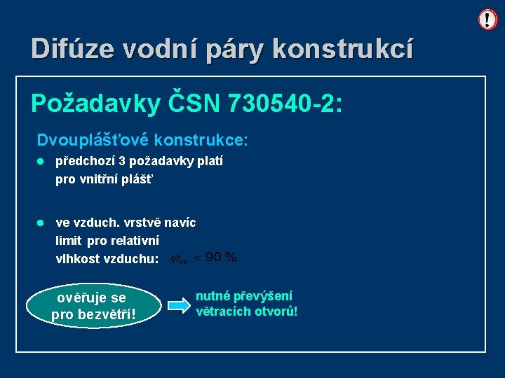 Difúze vodní páry konstrukcí Požadavky ČSN 730540 -2: Dvouplášťové konstrukce: l předchozí 3 požadavky