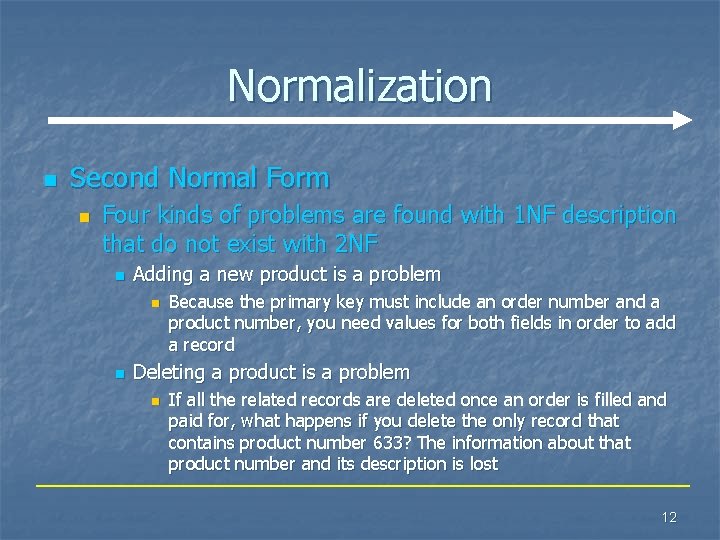 Normalization n Second Normal Form n Four kinds of problems are found with 1