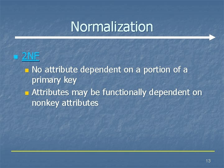Normalization n 2 NF No attribute dependent on a portion of a primary key