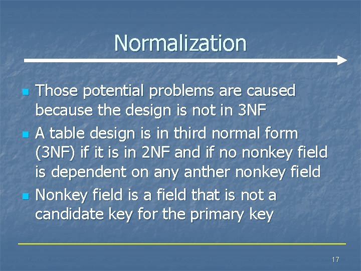 Normalization n Those potential problems are caused because the design is not in 3