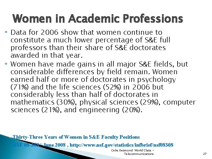 Women in Academic Professions Data for 2006 show that women continue to constitute a