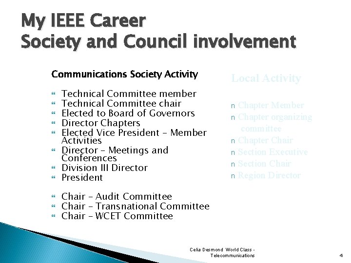 My IEEE Career Society and Council involvement Communications Society Activity Technical Committee member Technical