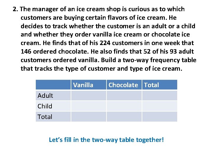 2. The manager of an ice cream shop is curious as to which customers