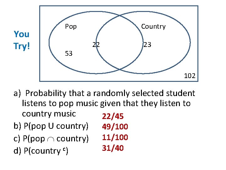 You Try! Pop 53 Country 22 23 102 a) Probability that a randomly selected
