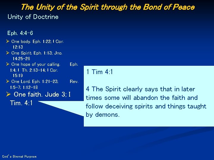 The Unity of the Spirit through the Bond of Peace Unity of Doctrine Eph.