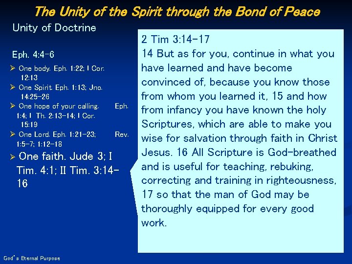 The Unity of the Spirit through the Bond of Peace Unity of Doctrine Eph.