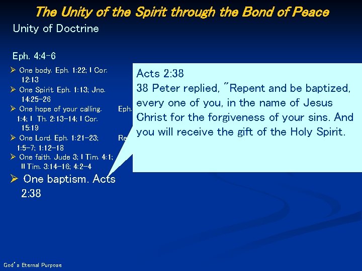 The Unity of the Spirit through the Bond of Peace Unity of Doctrine Eph.