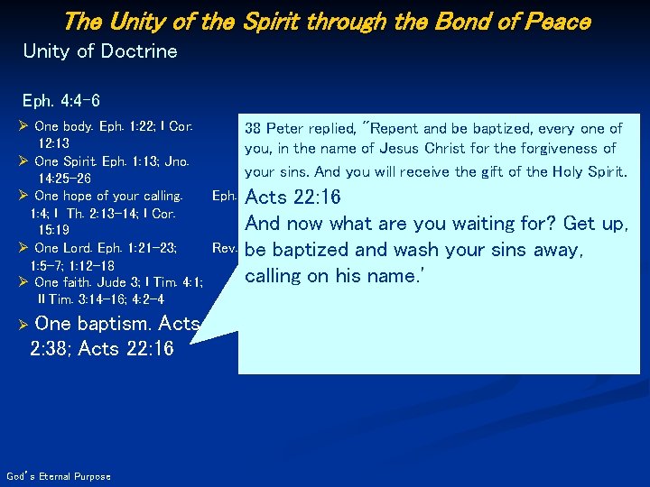 The Unity of the Spirit through the Bond of Peace Unity of Doctrine Eph.