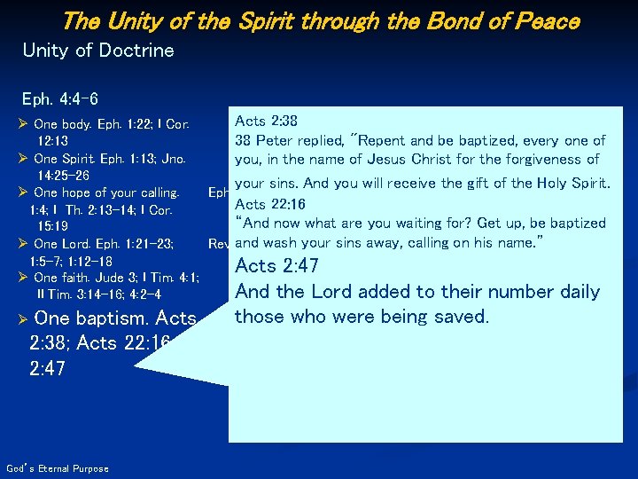 The Unity of the Spirit through the Bond of Peace Unity of Doctrine Eph.