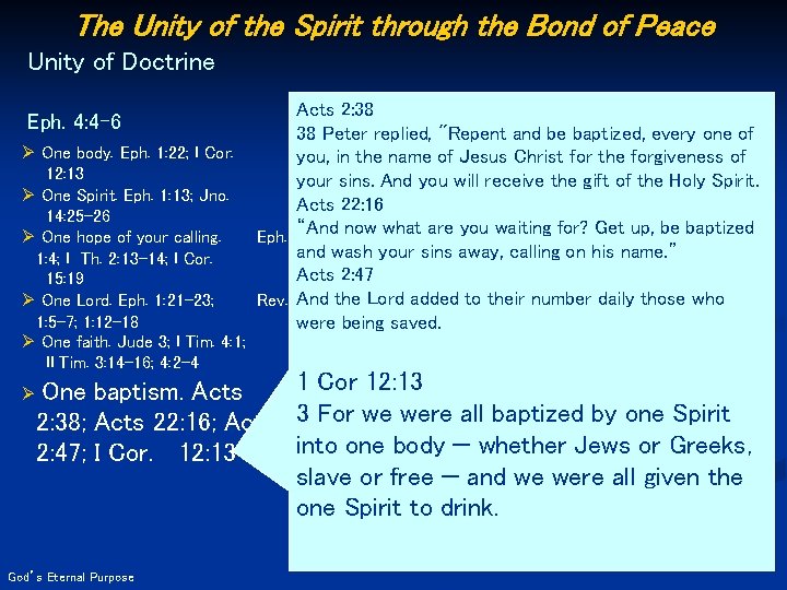 The Unity of the Spirit through the Bond of Peace Unity of Doctrine Eph.